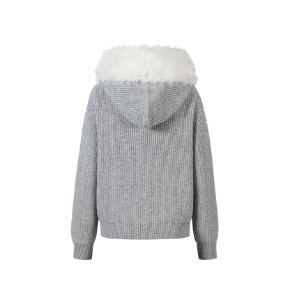 13DE MARZO Pom-pom Bear Fur Collar Knit Jacket Grey