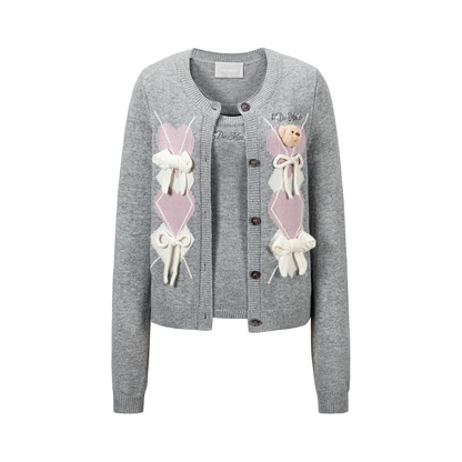 13DE MARZO Bow Bear Knit Cardigan Vest Grey