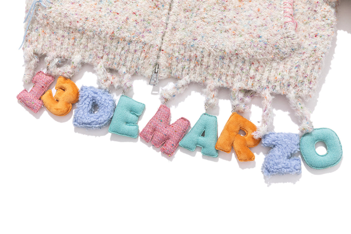 13DE MARZO Colorful Dot Knit Letter Fringe Cardigan Beige