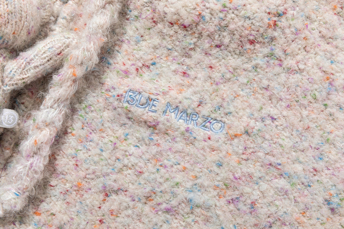 13DE MARZO Colorful Dot Knit Letter Fringe Cardigan Beige