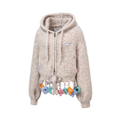 13DE MARZO Colorful Dot Knit Letter Fringe Cardigan Beige