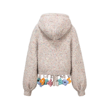 13DE MARZO Colorful Dot Knit Letter Fringe Cardigan Beige