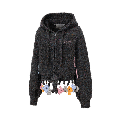 13DE MARZO Colorful Dot Knit Letter Fringe Cardigan Grey