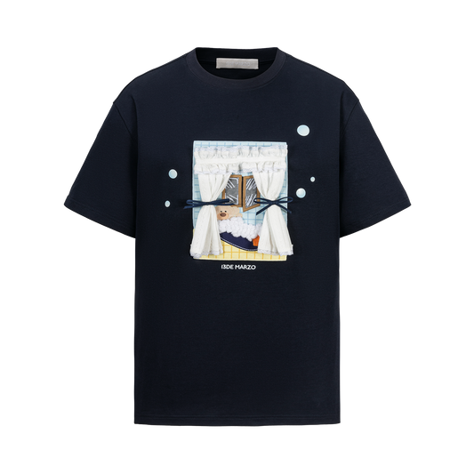 13DE MARZO Patchwork Bear Bath Scene T-shirt Navy Blue