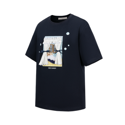 13DE MARZO Patchwork Bear Bath Scene T-shirt Navy Blue