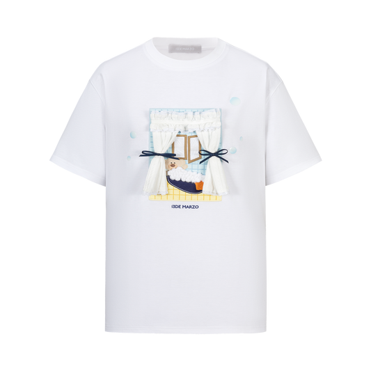 13DE MARZO Patchwork Bear Bath Scene T-shirt White