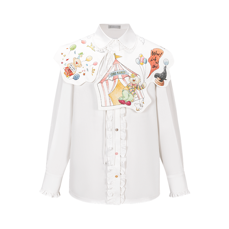 13DE MARZO Detachable CapeCircus Print Shirt White