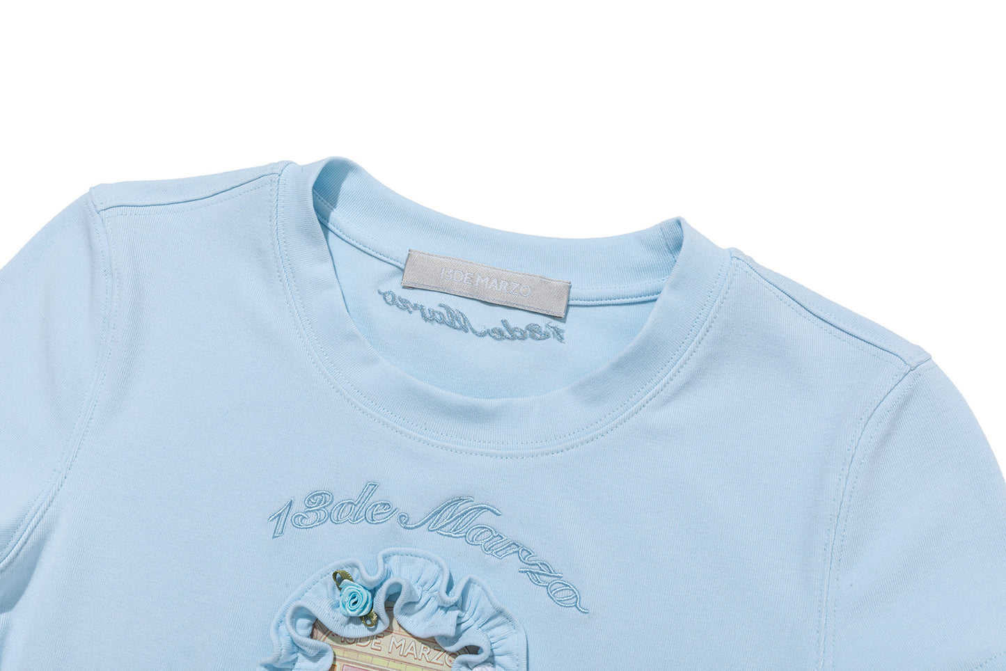 13DE MARZO Floral Illustration Tight Tee Blue
