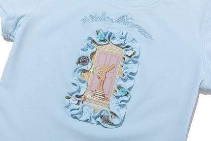 13DE MARZO Floral Illustration Tight Tee Blue
