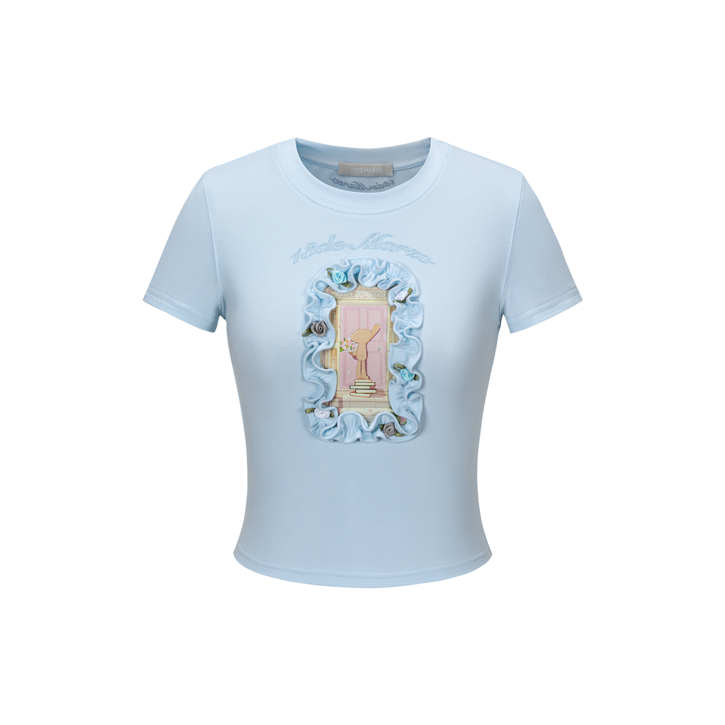 13DE MARZO Floral Illustration Tight Tee Blue