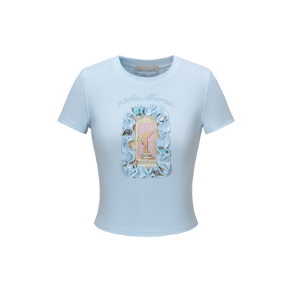 13DE MARZO Floral Illustration Tight Tee Blue