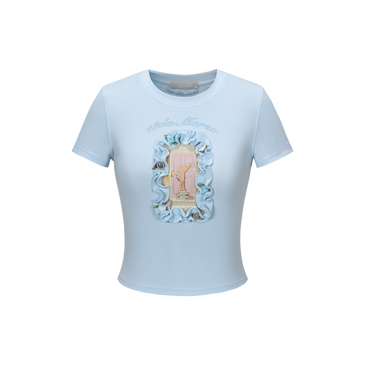 13DE MARZO Floral Illustration Tight Tee Blue