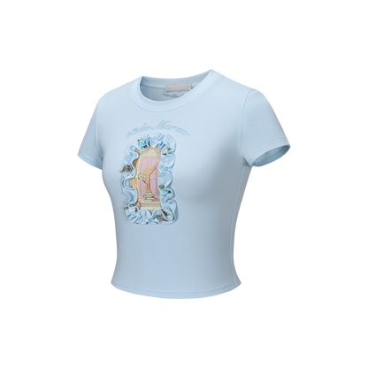 13DE MARZO Floral Illustration Tight Tee Blue