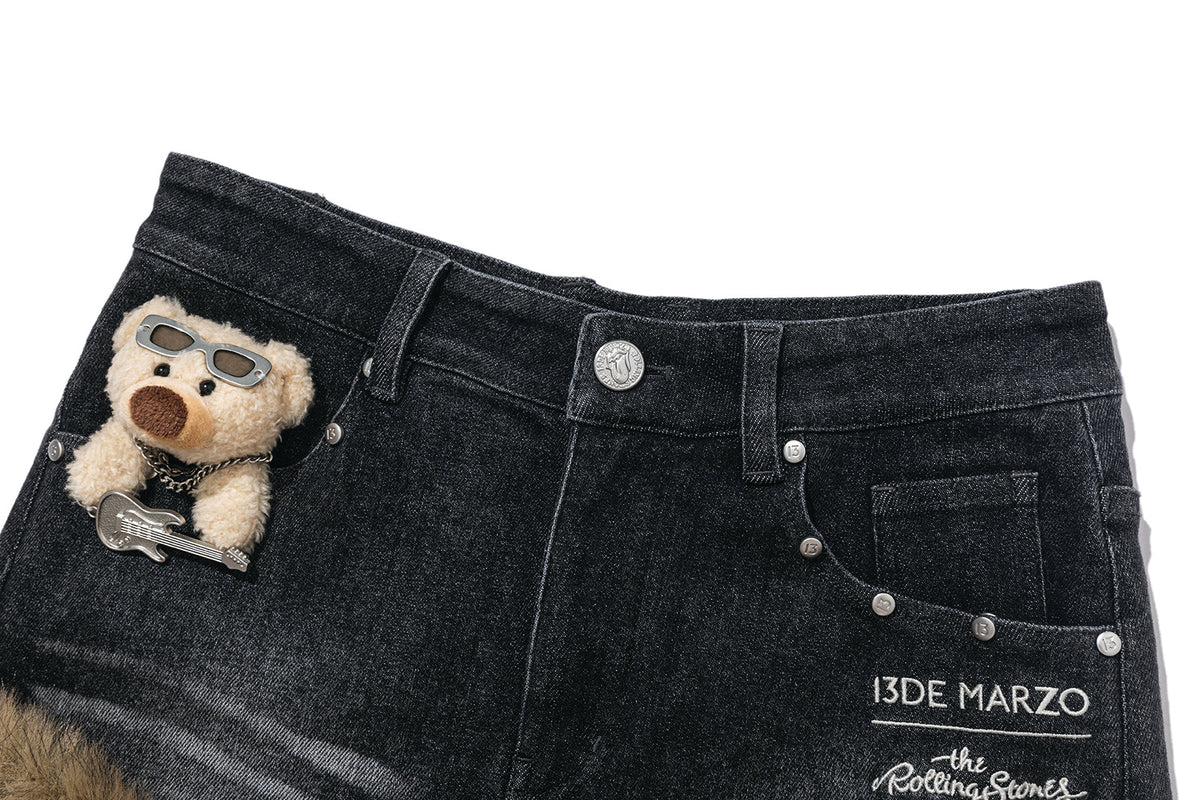 13DE MARZO Rolling Stones Denim Hot Shorts Black