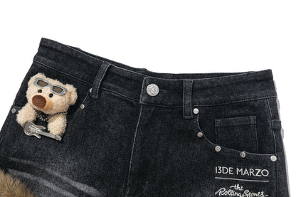 13DE MARZO Rolling Stones Denim Hot Shorts Black