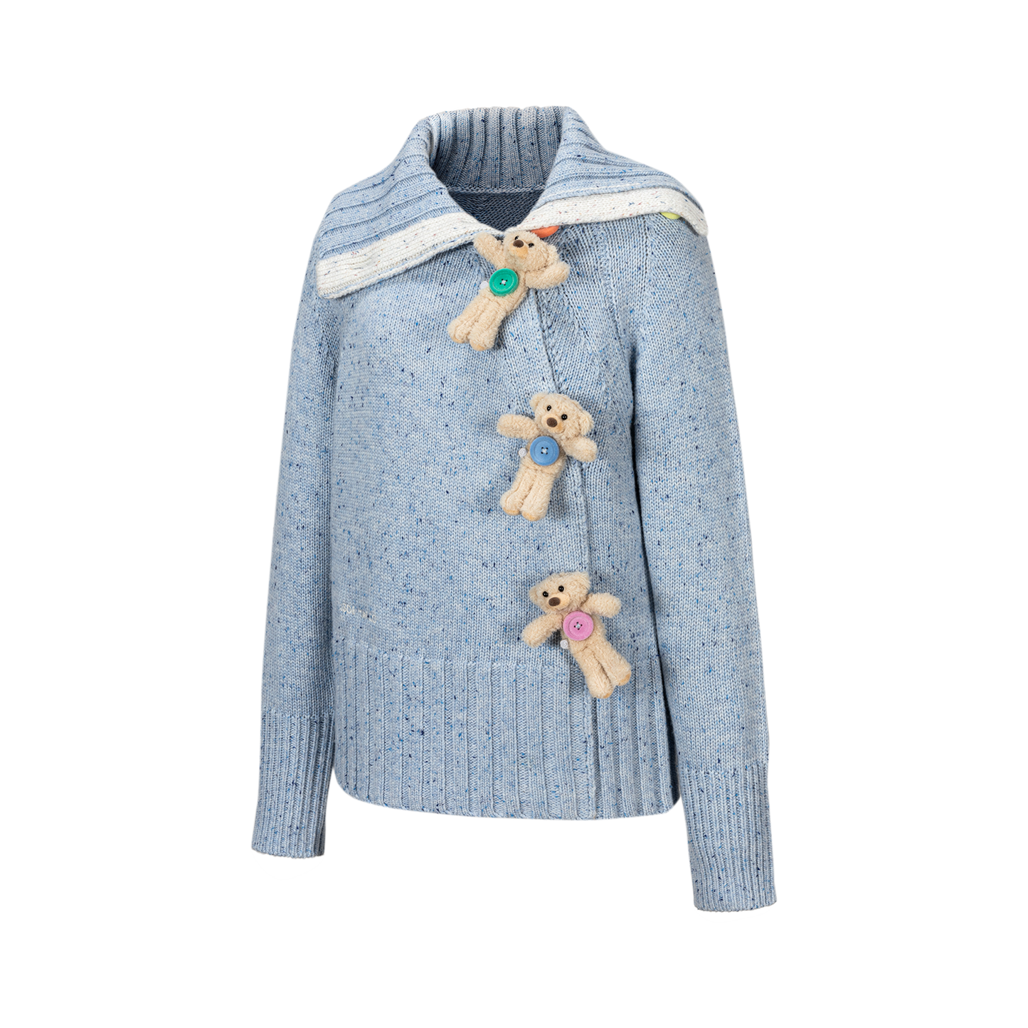 13DE MARZO Button Bear Slant Collar Sweater Blue