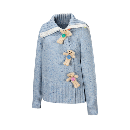13DE MARZO Button Bear Slant Collar Sweater Blue