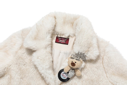 13DE MARZO Rolling Stones Cropped Faux Fur Jacket Beige