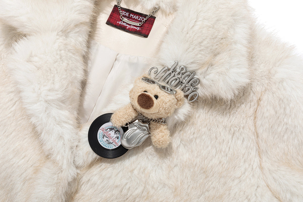 13DE MARZO Rolling Stones Cropped Faux Fur Jacket Beige