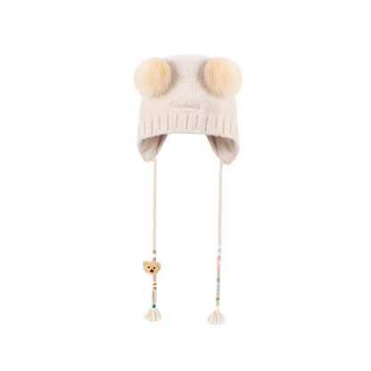13DE MARZO Bear Ear Color Lace Beanie White