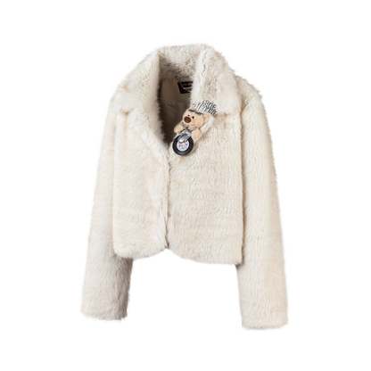 13DE MARZO Rolling Stones Cropped Faux Fur Jacket Beige