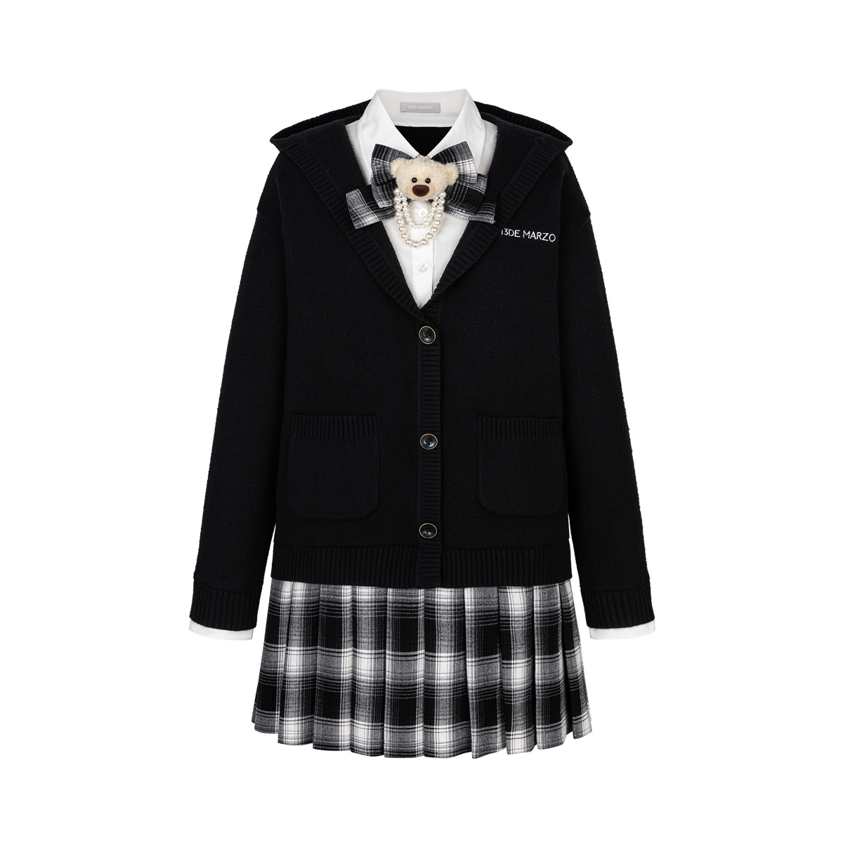 13DE MARZO Mock Three Piece Knit Pleated School Dress Black