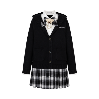 13DE MARZO Mock Three Piece Knit Pleated School Dress Black