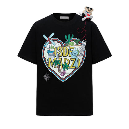 13DE MARZO Pilot Bear World Travel T-shirt Black