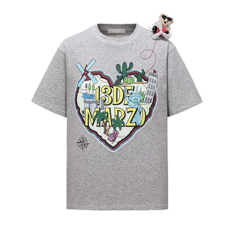 13DE MARZO Pilot Bear World Travel T-shirt Grey