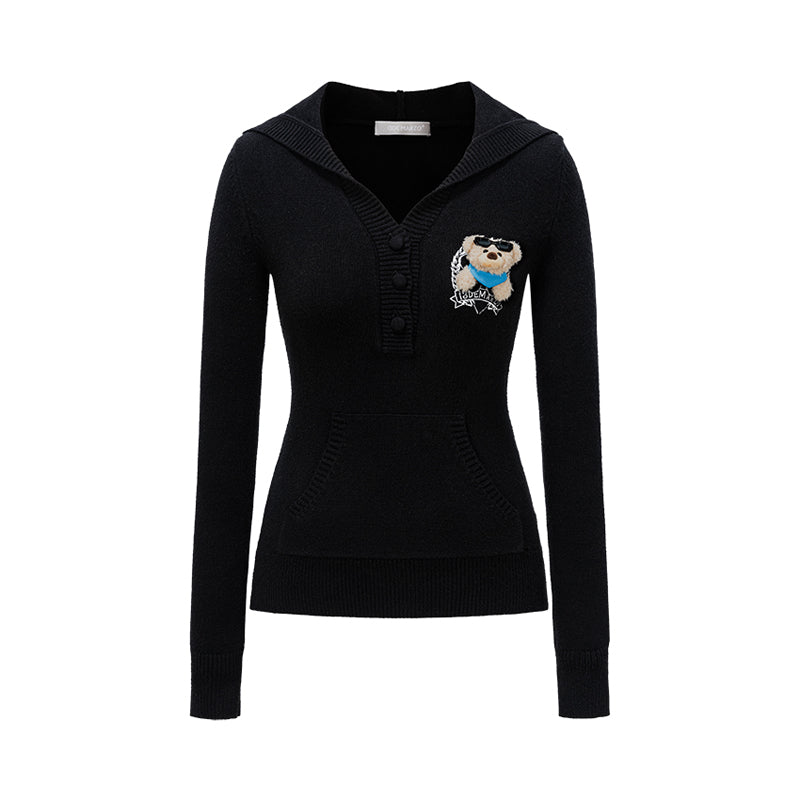 13DE MARZO Bear Knit Fit Hoodie Black