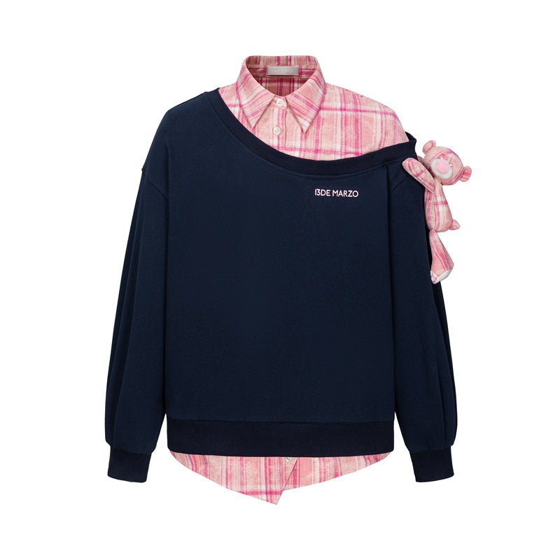 13DE MARZO Splicing Shirt Asymmetrical Shoulder Sweater Pink