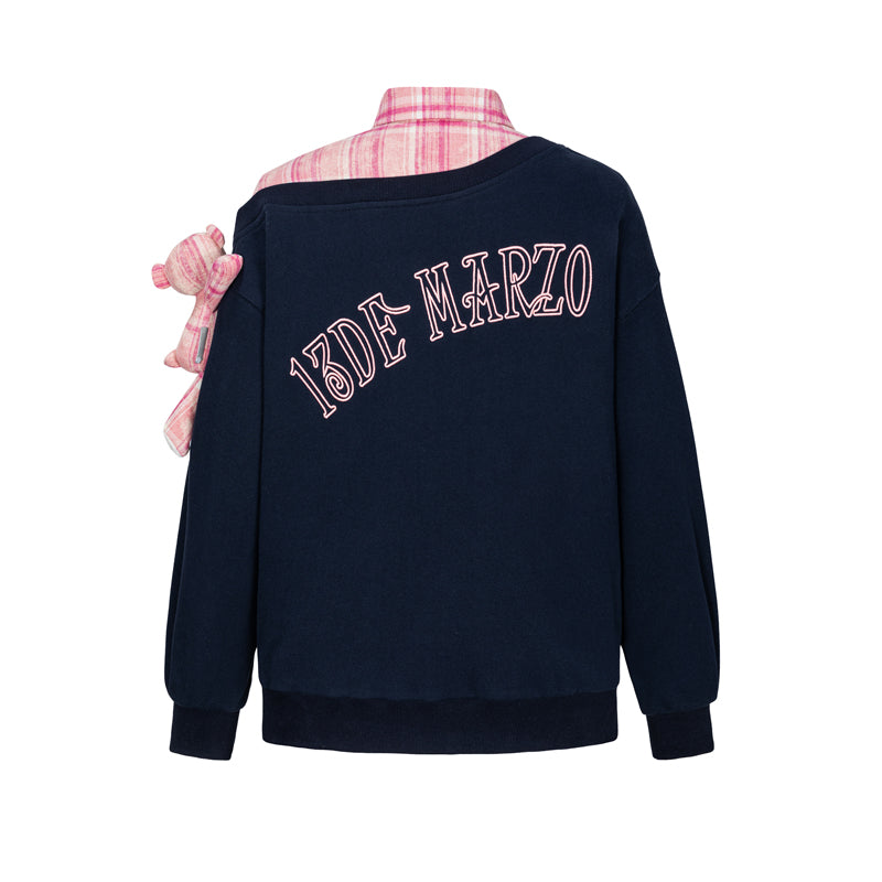 13DE MARZO Splicing Shirt Asymmetrical Shoulder Sweater Pink