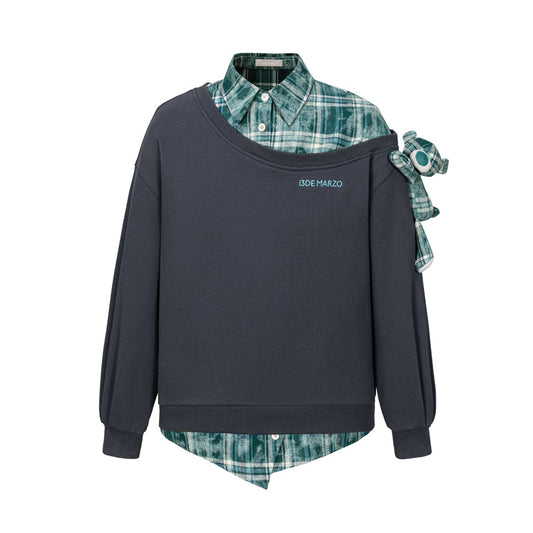 13DE MARZO Splicing Shirt Asymmetrical Shoulder Sweater Green