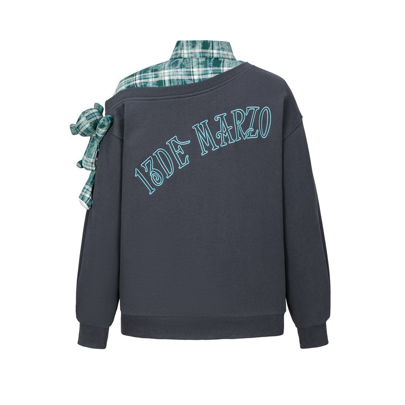 13DE MARZO Splicing Shirt Asymmetrical Shoulder Sweater Green