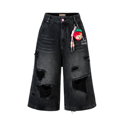 13DE MARZO Ripped Cropped Jeans Black