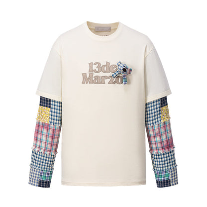 13DE MARZO Bear Plaid Sleeve T-shirt Beige