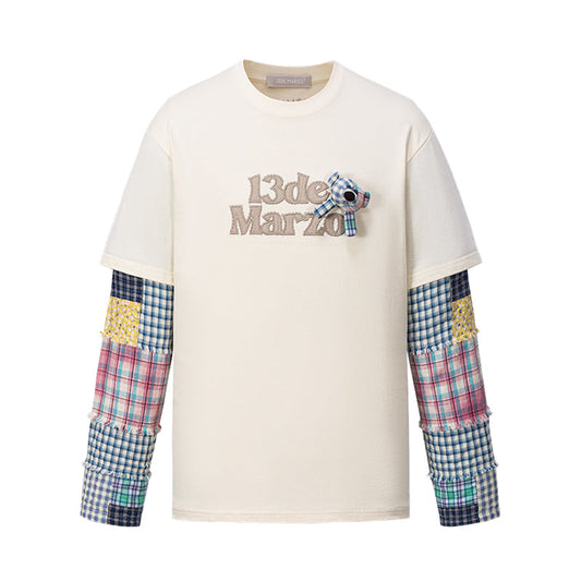 13DE MARZO Bear Plaid Sleeve T-shirt Beige