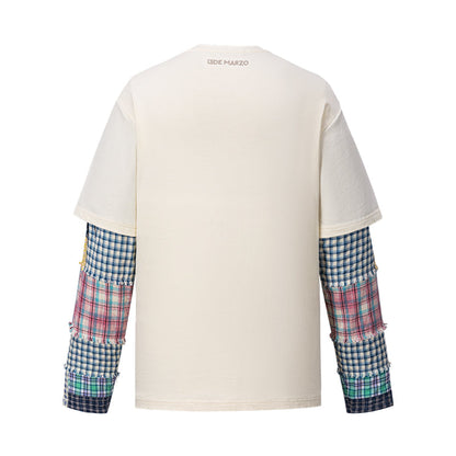 13DE MARZO Bear Plaid Sleeve T-shirt Beige