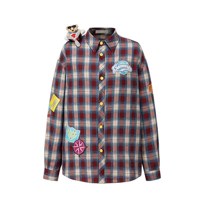 13DE MARZO Flight Bear Badge Check Shirt Red