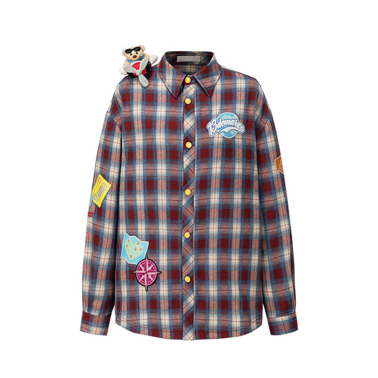 13DE MARZO Flight Bear Badge Check Shirt Red