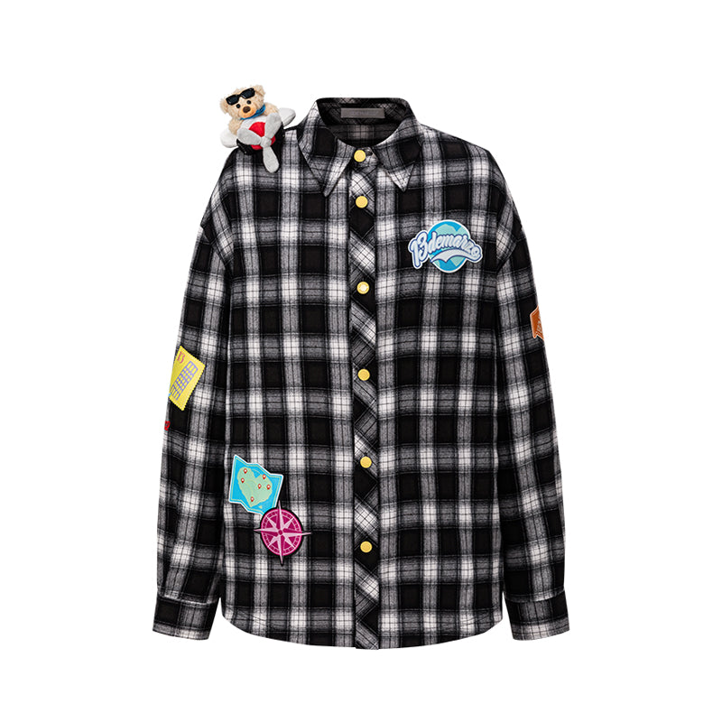 13DE MARZO Flight Bear Badge Check Shirt Black