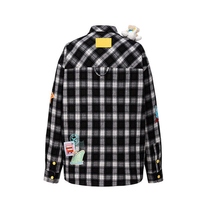 13DE MARZO Flight Bear Badge Check Shirt Black