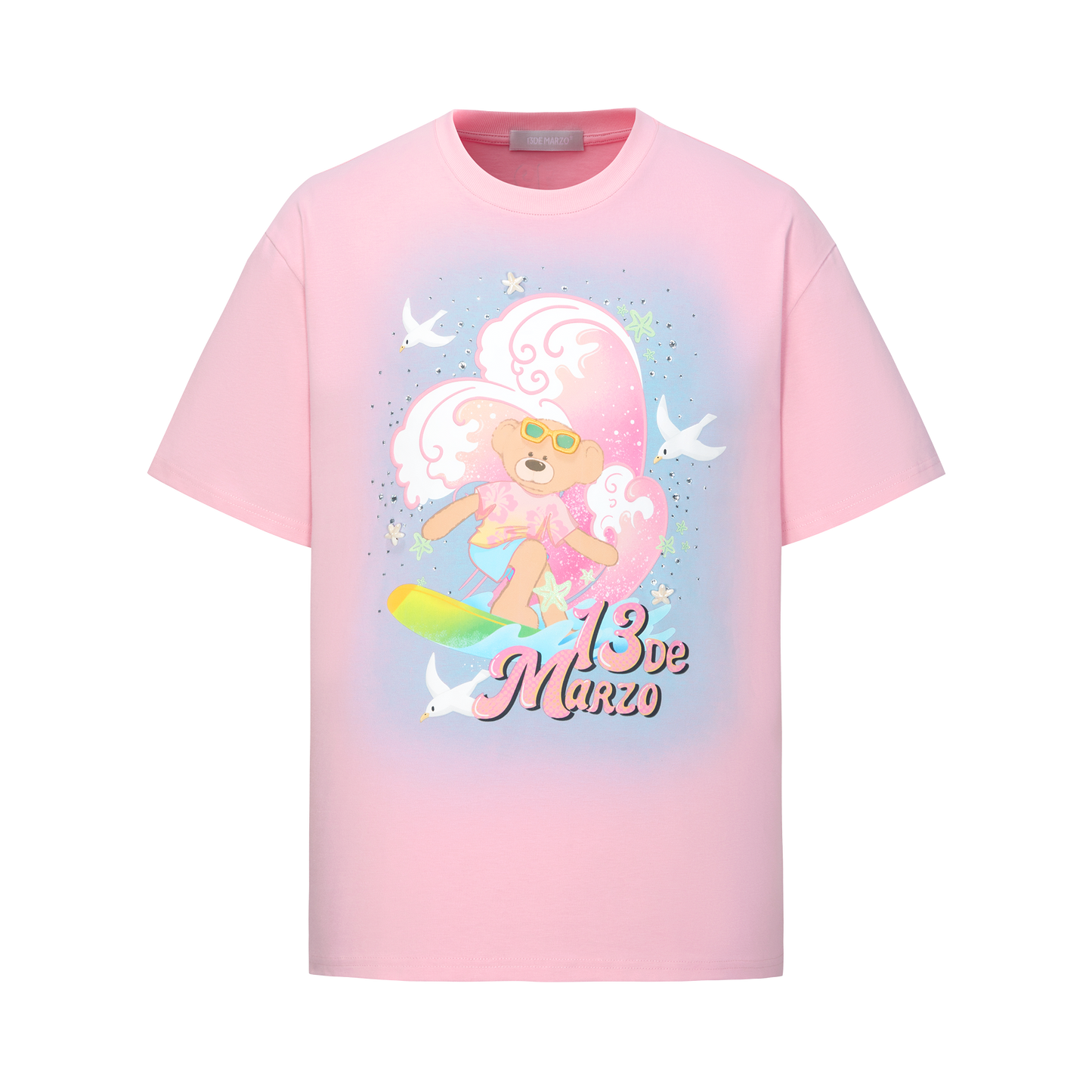 13DE MARZO Island Style Surfing Bear T-Shirt Pink
