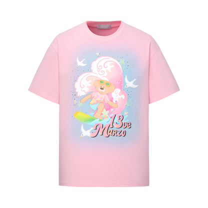 13DE MARZO Island Style Surfing Bear T-Shirt Pink