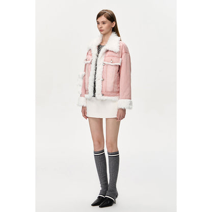 13DE MARZO Doozoo Fleece Patchwork Denim Jacket Pink