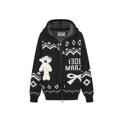 13DE MARZO Fair Isle Bear Zip Knit Hoodie Black