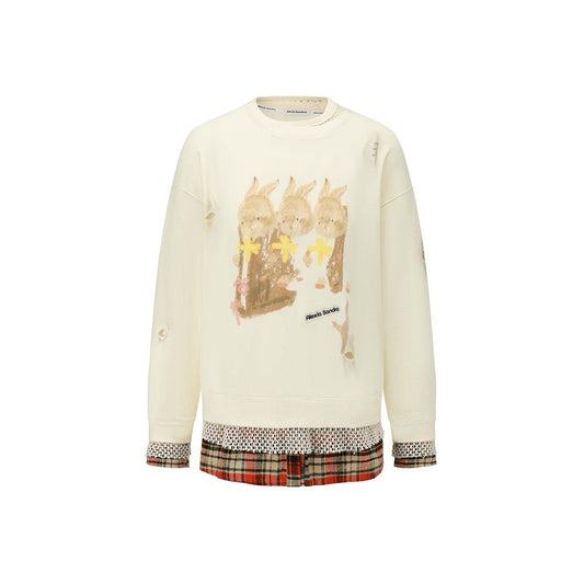 Alexia Sandra Three Rabbit Printed Fake-2-Piece Distressed Sweater White