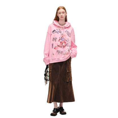 Alexia Sandra Printed Graffiti Rabbit Distressed Hoodie Pink