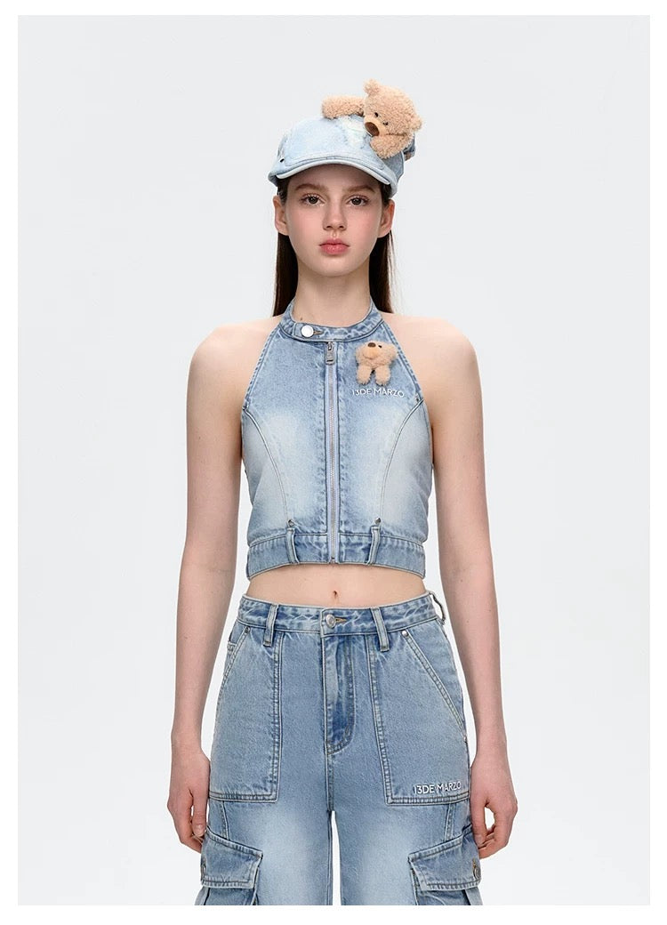 13DE MARZO Halter Denim Top Blue
