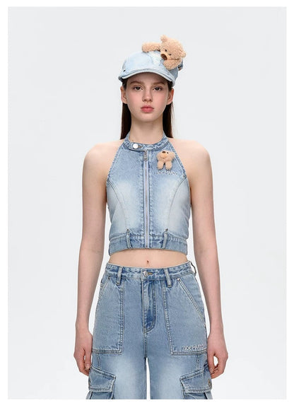 13DE MARZO Halter Denim Top Blue